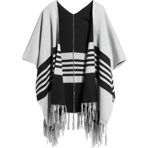 Fate Black Gray Striped Fringe Boho Lagenlook Artsy Western Wool Poncho Medium - Picture 1 of 5